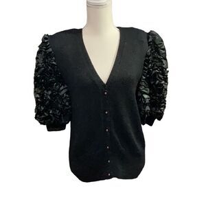 Nannell VTG Black Pullover Sweater Blouse V Neck Ruffle Sleeves Shoulder Pads L